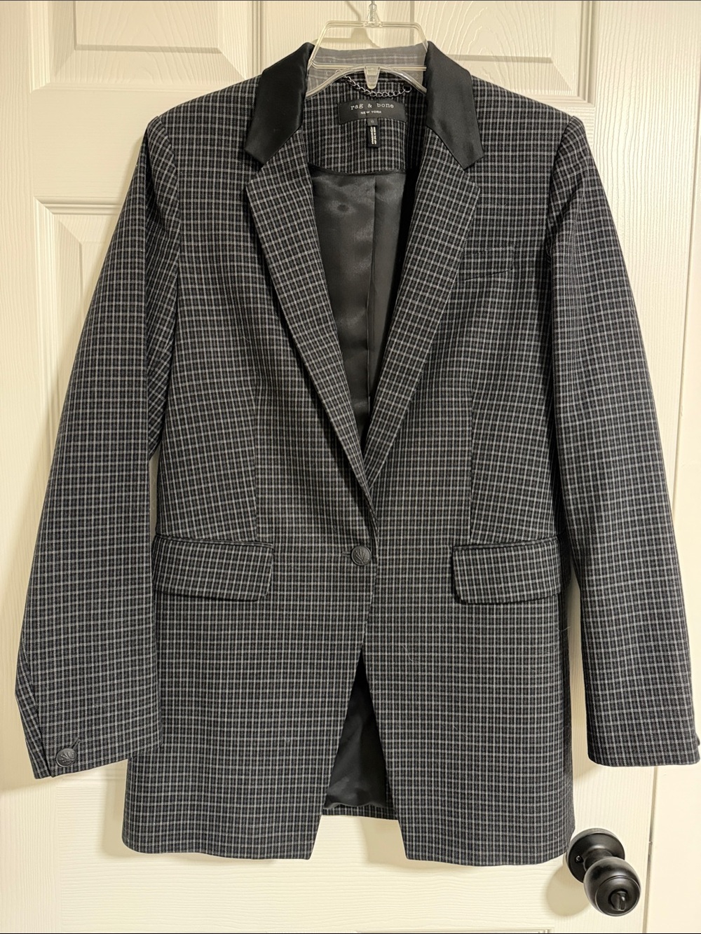 rag & bone Black and Gray Windowpane Blazer with Contrast Collar